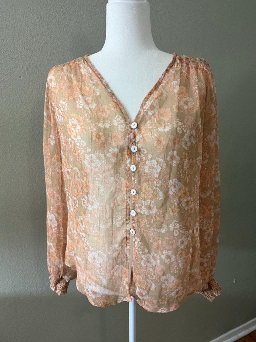 Shore Women’s XS Floral Button Down Blouse Metallic Detail